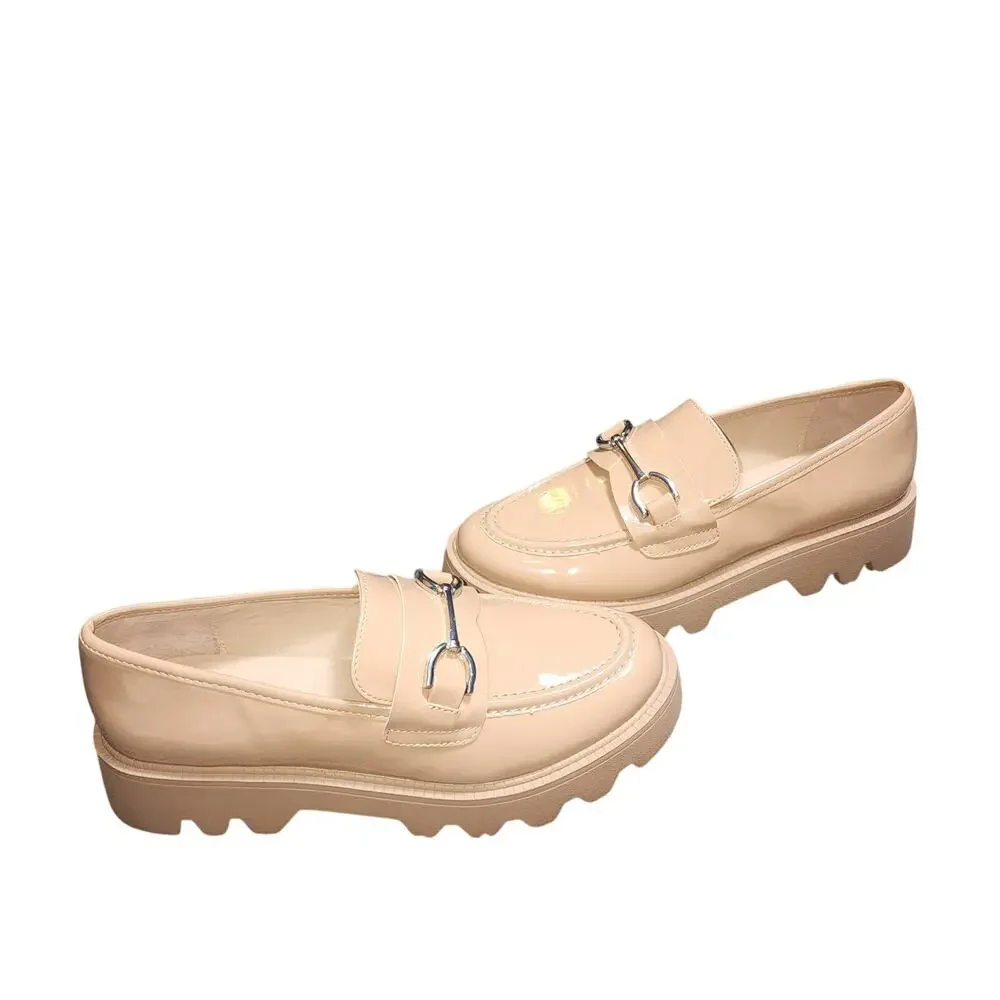 Chelsea & Violet 8M Tan Patent PU Horsebit Link Chunky Sole Platform Loafers